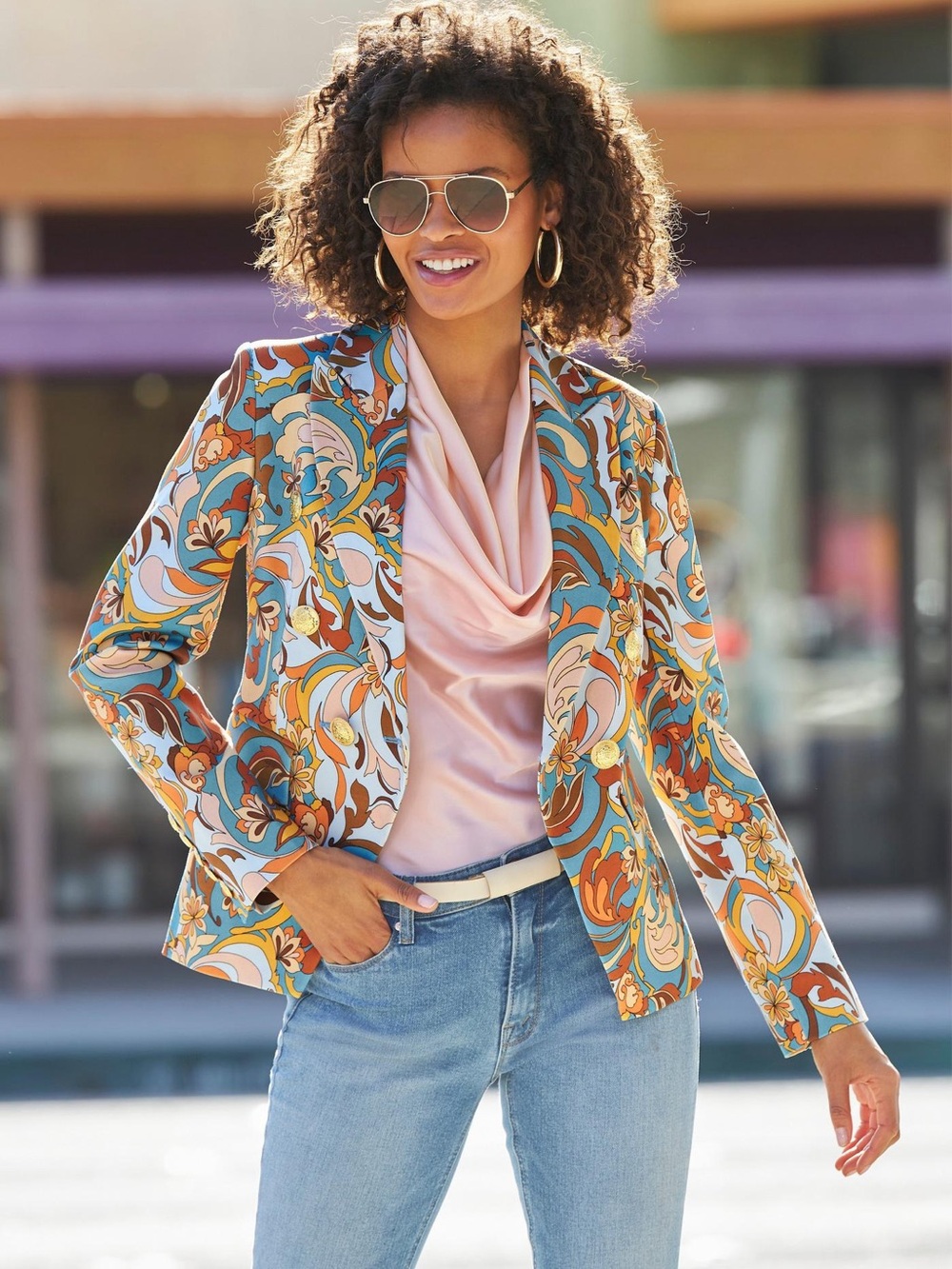 New Boston Proper Fitted Distinctive Folk Print Double Breasted Blazer Size 10